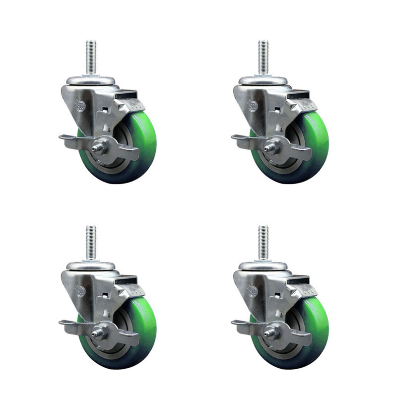 Ensemble de roulettes à tige filetée 3,5 po pivotant 3,5 po 3/4 po avec frein, Vert