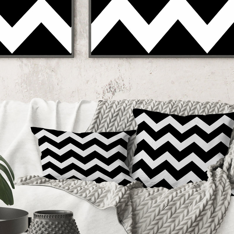 Coussin noir et blanc Midcentury Chevron Print IV - Midcentury, H 16 po x l 16 po