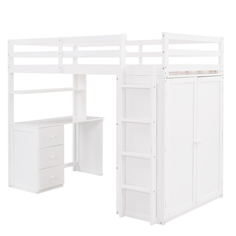 Lit mezzanine avec tiroirs, bureau et garde-robe, Simple, Blanc