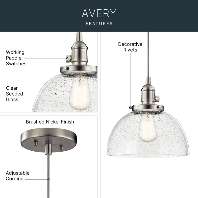 Kichler Avery 1-Light Brushed Nickel Pendant with Clear Seeded Glass Shade, Brushed Nickel