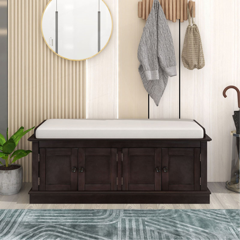 Storage Bench With 4 Doors And Adjustable Shelves, Shoe Bench With Removable Cushion For Living Room, Entryway, Espresso