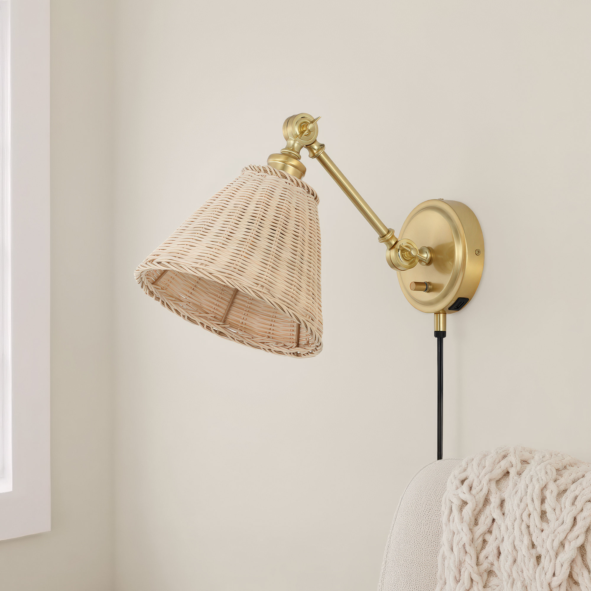 Barrows 2 Light Rattan Iron Dimmable Plug-in Armed Sconce, Brass