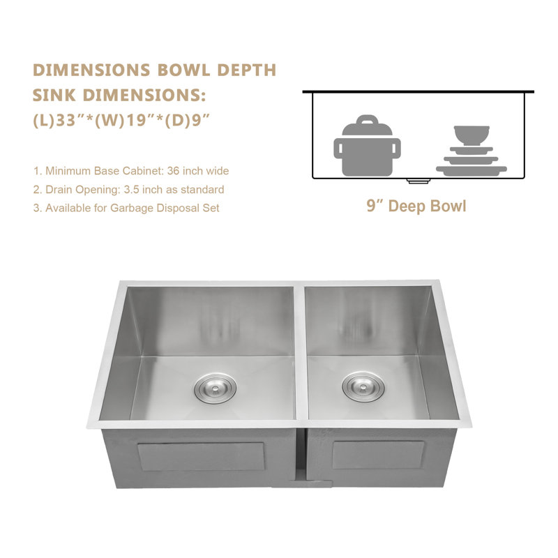 33'' L × 19'' W Undermount Stainless Steel Kitchen Sink, 50/50 Double Bowl Kitchen Sink with Sink Grid, Strainer and Roll-up Rack