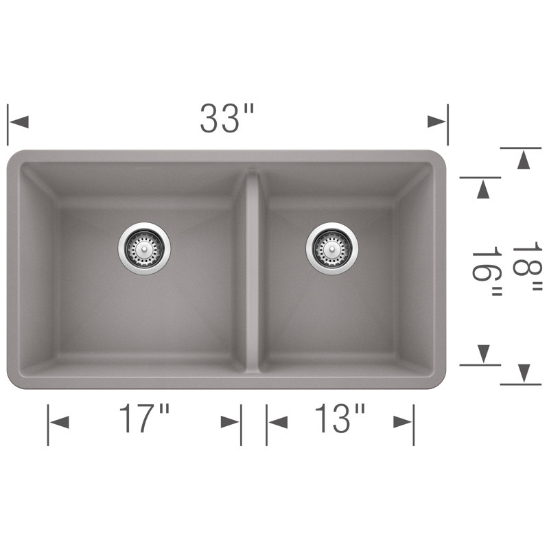 Precis SILGRANIT 33" 60/40 Double Bowl Undermount Kitchen Sink, Metallic Gray
