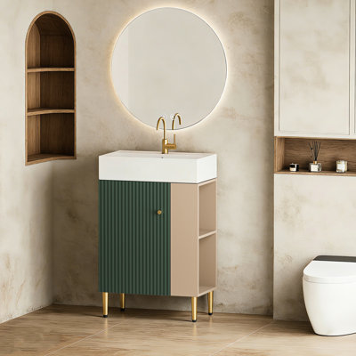 Meuble-lavabo compact à fermeture en douceur 21,6 po, étagère ouverte et meuble-lavabo en céramique teinté avec évier, bois imperméable, nécessitant peu d'entretien