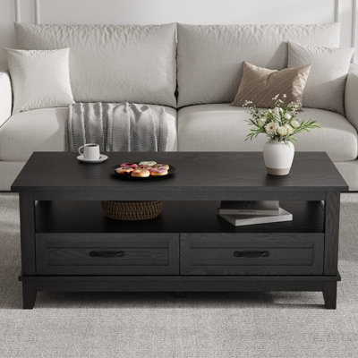 Table basse rustique avec 2 tiroirs, tablette ouverte, 6 pieds de soutien et table de rangement pour le salon