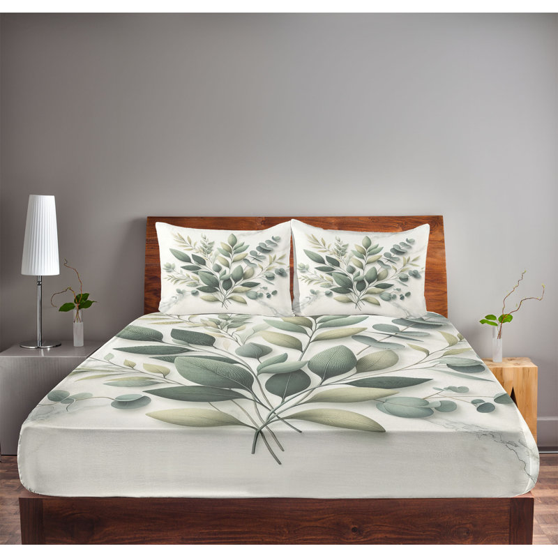 Drap-housse et taie décorative Ambesonne Art botanique vert sauge blanc cassé, Très grand