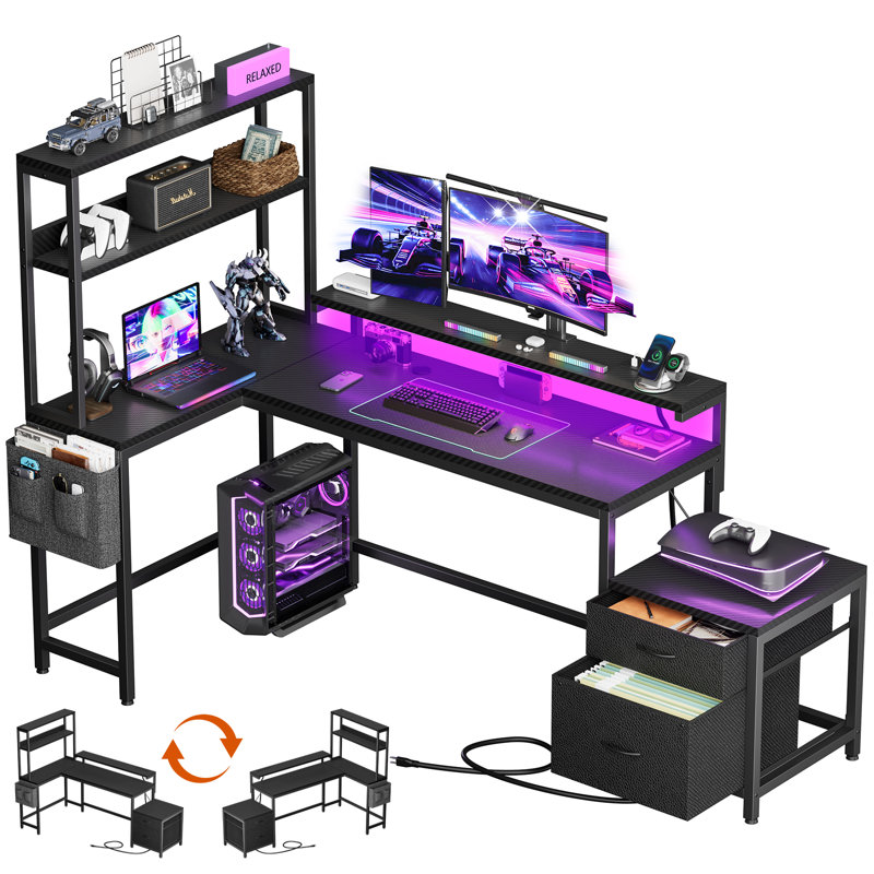 REAHOME 70 Inch L Shaped Desk with File Drawers and Reversible Storage Shelves