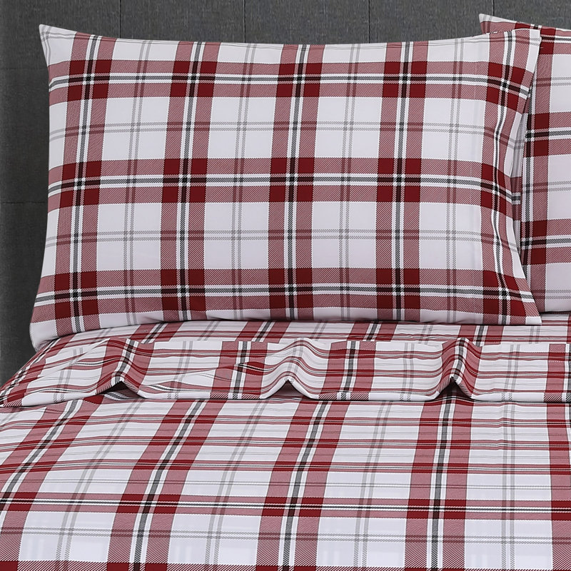 Ensemble de draps en microfibre 4 pièces, Ensemble de draps pour lit double avec 2 taies d'o, Tissu écossais rouge / blanc