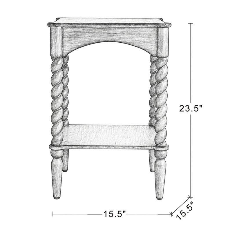 Table d'appoint 15,5 x 15,5 x 23,5 po en bois brun patiné avec pieds en spirale tournés et tablette inférieure