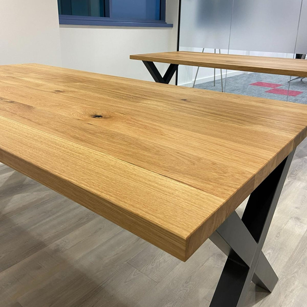 Solid Oak Office Desk with Pop-Up Socket - Chunky X Legs