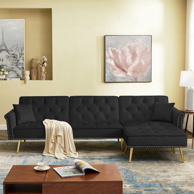 Modern Velvet Upholste Reversible Sectional Sofa Bed Lounge Couch with Chaise