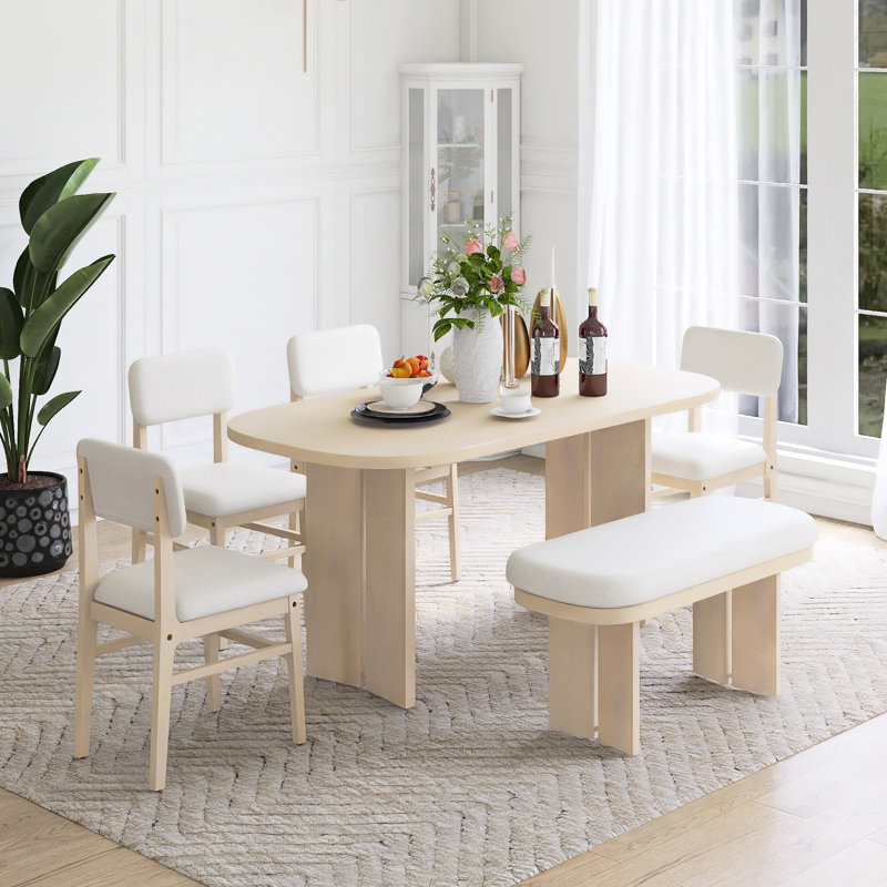 Ensemble de table de salle à manger extensible en bois massif 6 pièces avec banc, Naturel
