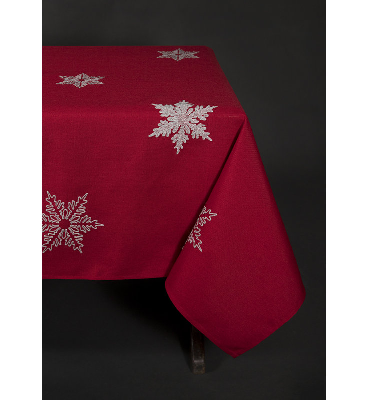 Snowflake Embroidered Christmas Tablecloth, Red, 108" L x 70" W