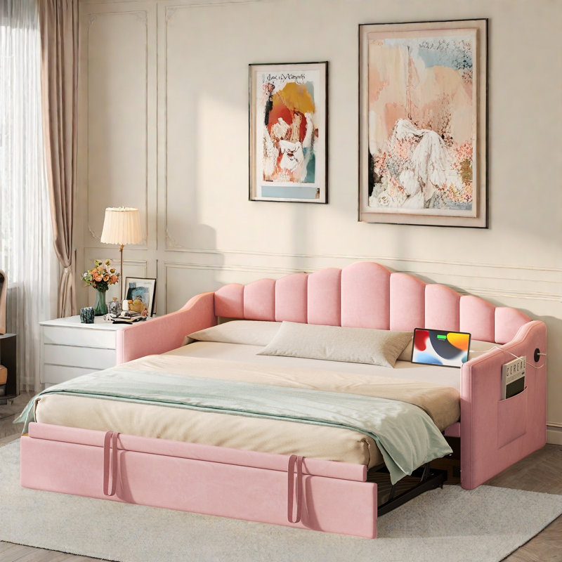 Upholstered Daybed With Pop Up Trundle, Charging Ports, 2 Side Pockets And Curved Backrest Design, Pink