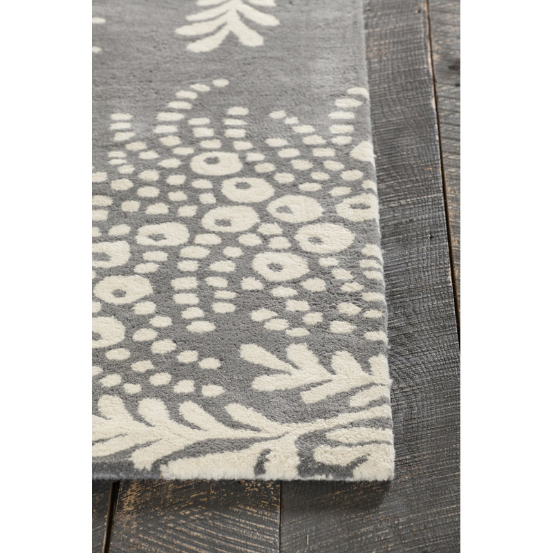 Tapis floral en laine touffeté à la main gris et blanc cassé Colbye, Rond 7 pi 9 po