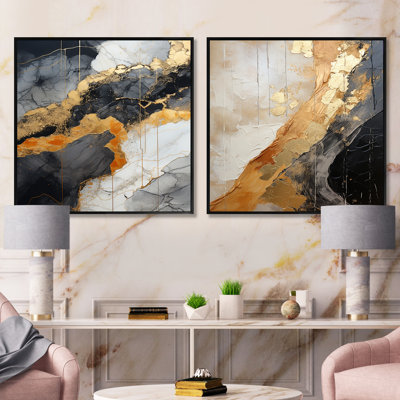 Minimalisme chrome or et orange Poteries - Ensemble de 2 collages carrés abstraits