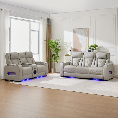 Canas Faux Leather Reclining Sofa With Cup Holders, Led Lights And Diamond Stitching