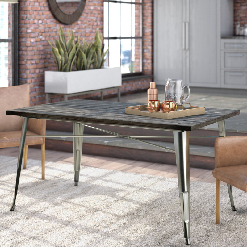Solid Wood Top Metal Base Dining Table, Metallic