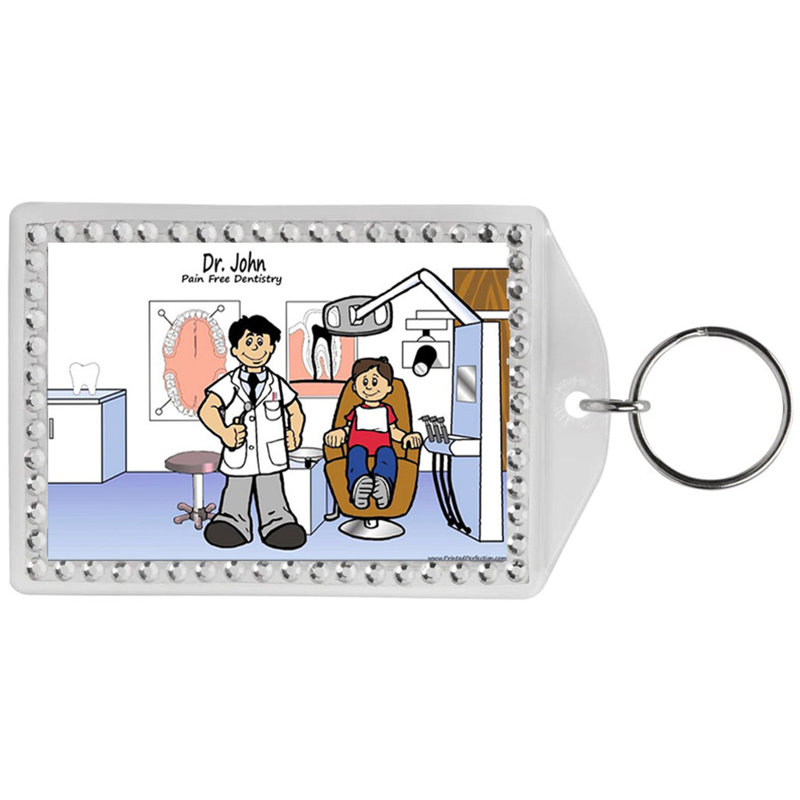 Personalized Name That Toon Dentist - Male Rhinestone Bordered Key Chain, Yes