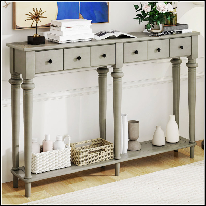 Vintage Entryway Table With 4 Drawers And Open Shelf, Durable MDF And Pine Wood Construction For Classic Elegance And Storage