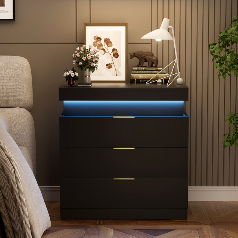 Nightstand With Charging Station And LED Lights,Night Stand With Sliding Top For Bedroom,Bedside Table With Drawers,Modern End Side Table,White.28.8''W X 17''D X 30.5''H.