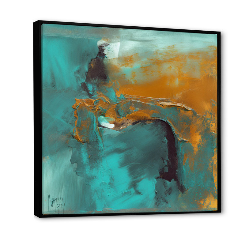 «Becoming the Ocean Sun» abstrait bleu sarcelle et or - reproduction d'art sur toile, H 16 po x l 16 po x P 1 po