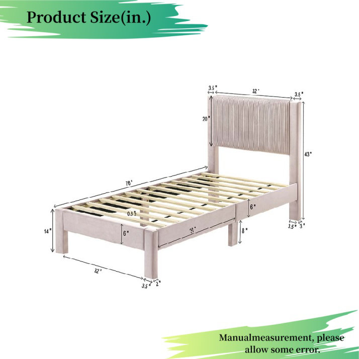 Lit plateforme gris avec tête de lit tapissier - texture nervurée, structure à profil bas - mobilier de chambre à coucher moderne pour jeunes