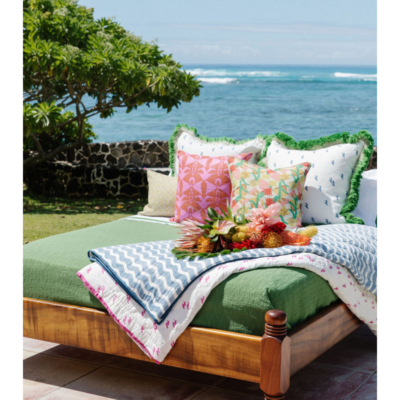 Cotton Matelassé Herringbone Coverlet in Palm, Queen, Green