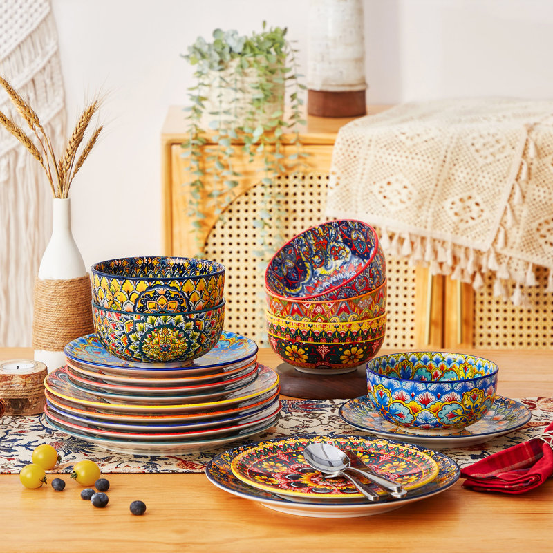 Service de table 18 pièces artistique Bohemian pour 6,6 impressions uniques sur deux côtés, ensemble complet de table en céramique Mix and Match