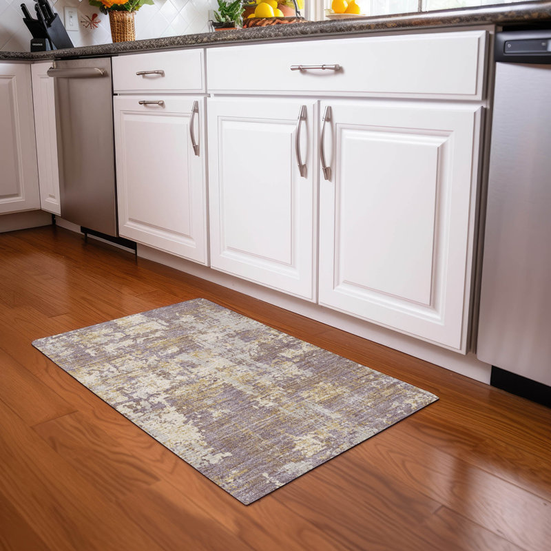 Lavender and Beige Abstract Washable Synthetic Rug