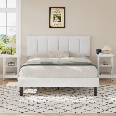 Ensemble de chambre à coucher 3 pièces, lit plateforme tapissier moderne avec tête de lit en velours réglable et ensemble de chambre à coucher 2 tables de chevet, lit à structure en métal avec lattes de bois, aucun sommier nécessaire