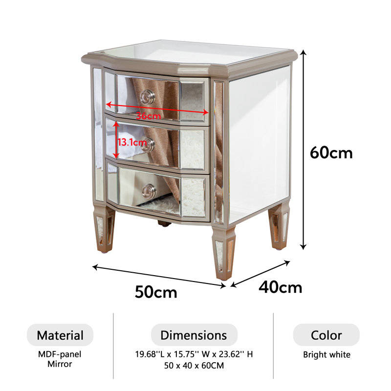 Andreja 3 Drawer Vintage Mirrored Bedside Table Glass Inlay