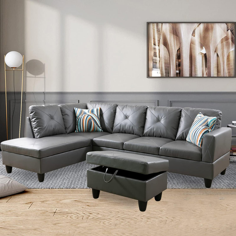 3-Piece Faux Leather Sectional Sofa, Left Hand Facing, Gray Faux Leather