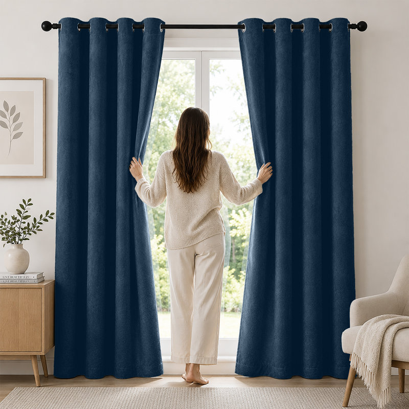 Thermal Velvet Curtains with Eyelet Ring Top - Blackout Crushed Velvet Drapes Pair, Blue, 117cm Width x 137cm Drop