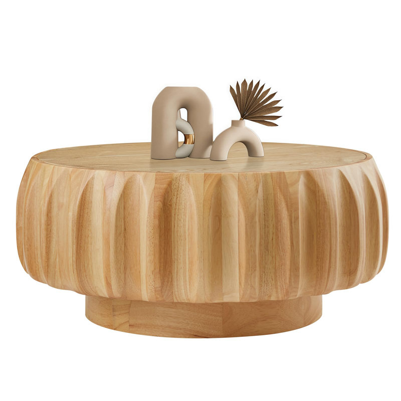 31.5" Round Fluted Coffee Table, Natural Wood Drum Table, Natural