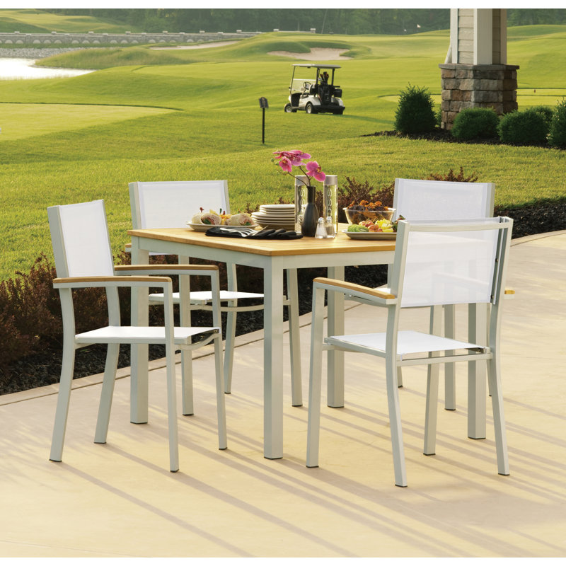 Travira Stacking Patio Arm Chair, Natural Sling, Flint, Tekwood Natural
