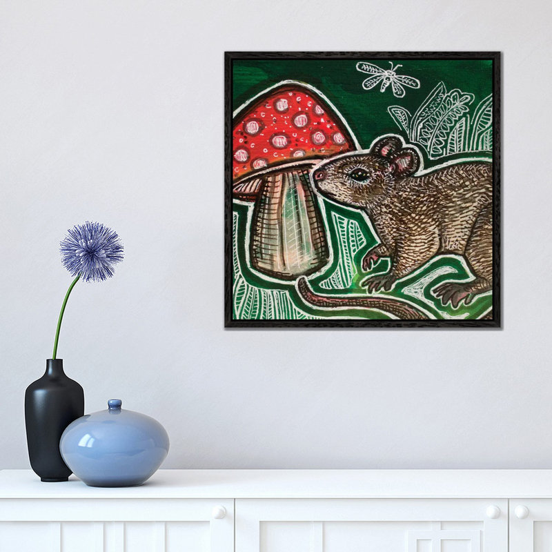 Small Mouse And Mushroom by Lynnette Shelley - Print on Canvas, 45.72 cm H x 45.72 cm W, Black Floater Frame