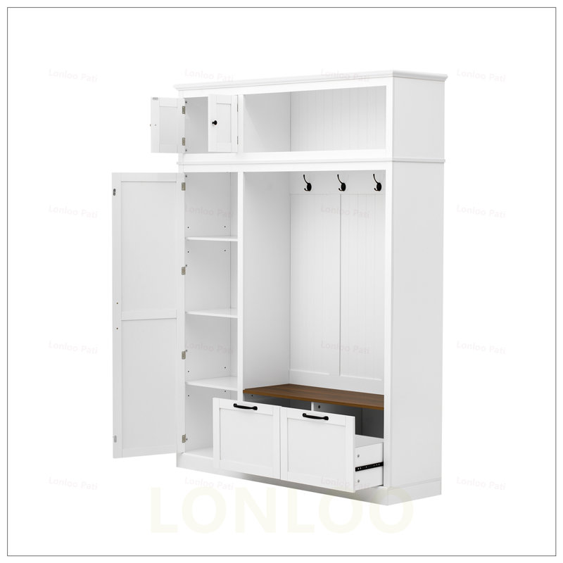 3-in-1 Hall Tree with Overhead Storage, Adjustable Shelves, Heavy-Duty Hooks, Spacious Drawers, and Grooved Back Panel for Entryway Organization
