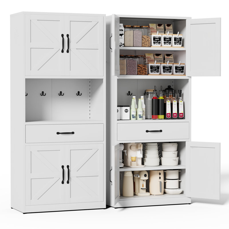 Grand garde-manger en acier de 71 pouces avec comptoir robuste, tablettes et tiroirs réglables, blanc