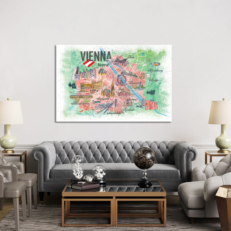 Vienna Illustrated Travel Map With Landmarks And Highlights by Markus & Martina Bleichner - Wrapped Canvas Print