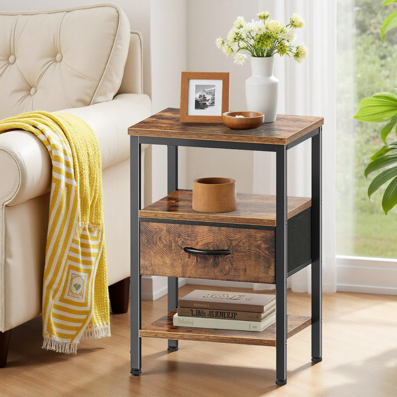 Nightstand, Night Stand With Charging Station, End Table, Bedside Table With Fabric Drawer For Livingroom And Bedroom, Brown