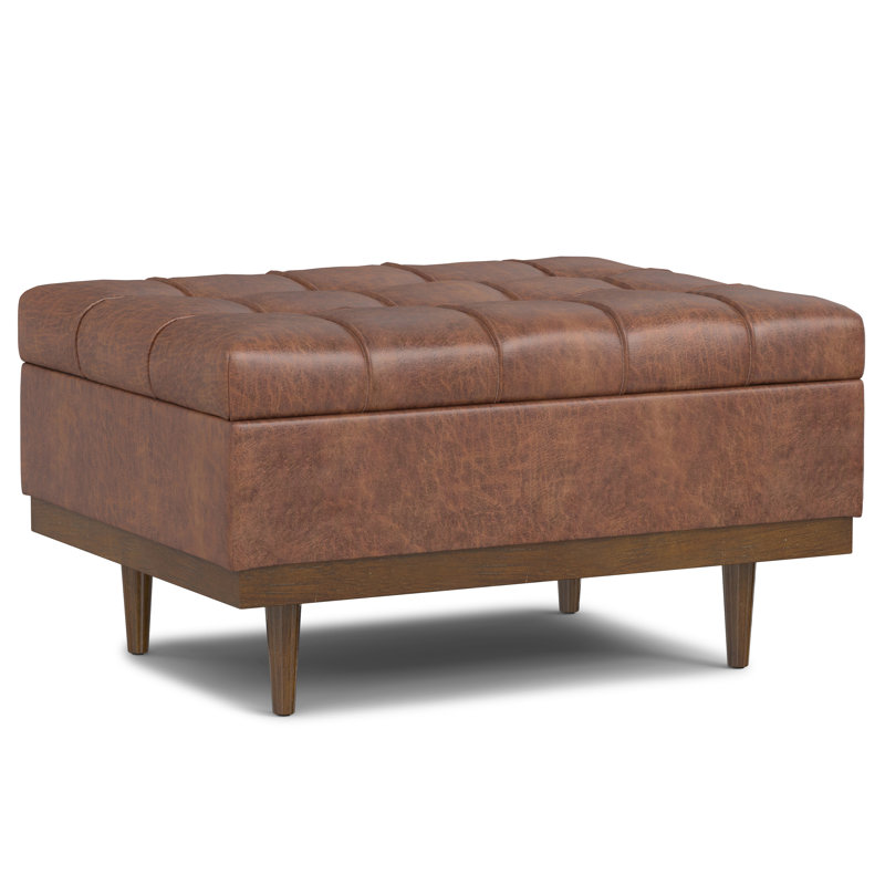 Mariah 34"W Upholstered Coffee Table Storage Ottoman with Lift Top and Solid Wood Legs, Brown