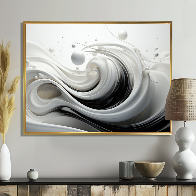 Liquide «Bliss» tourbillonnant noir et blanc I - spirales abstraites, décoration murale, Toile encadrée flottante dorée