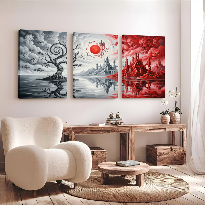 Château fantastique et ciel rouge, ensemble de 3 reproductions d'art sur toile tendues sur toile, 2030