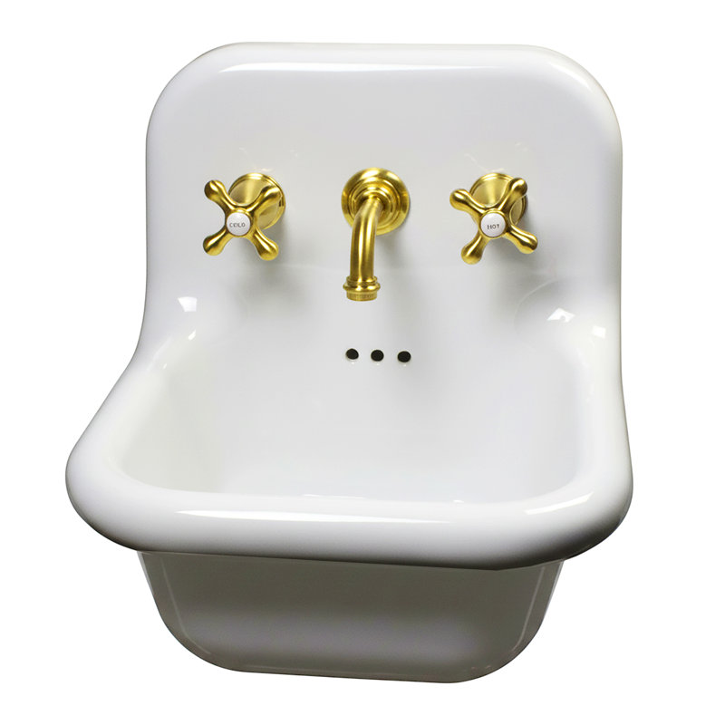 Nantucket Sinks 16.5-inch Fireclay Wallmount Bath Sink with Short Spout Faucet and Drain, Gold/White