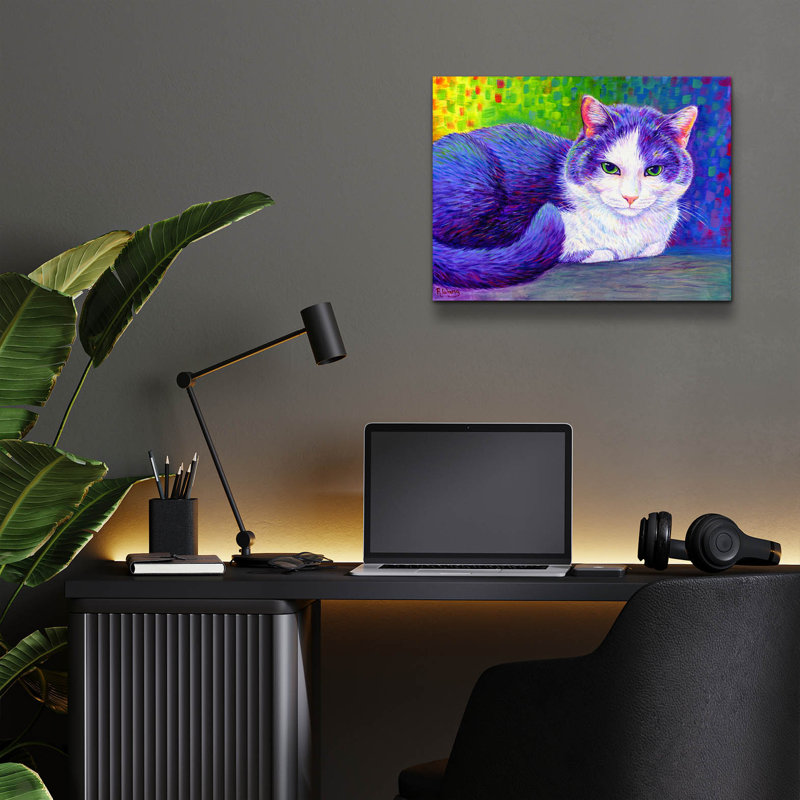 "Chat tuxedo mauve" par Rebecca Wang Art, H 12 po x l 16 po x P 0,13 po