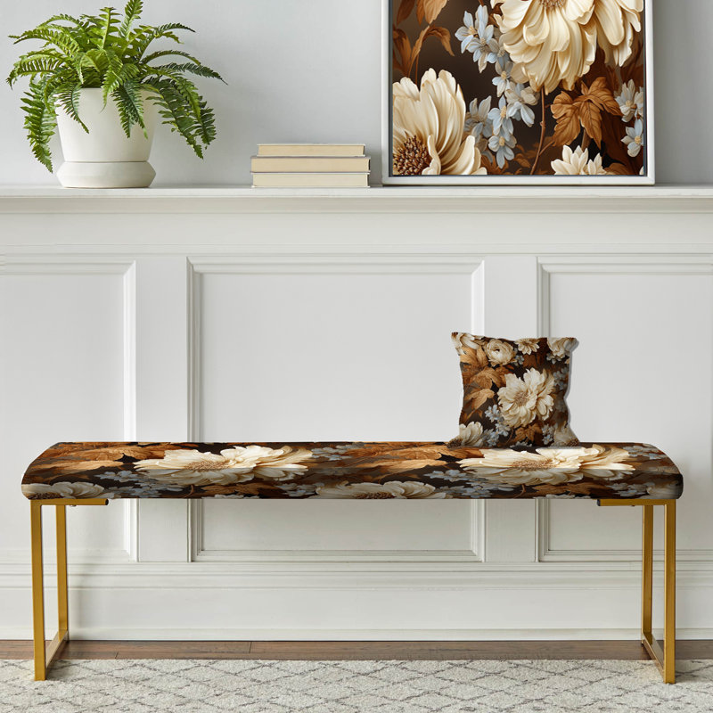 Banc floral rembourré or, Motif victorien élégant brocart rustique