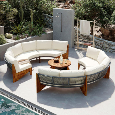 Ensemble de canapé d'extérieur 3 pièces pour 6, 2 canapés demi-cercles + table basse en bois d'acacia, ensemble de canapé de patio résistant aux intempéries, mobilier de jardin et de cour confortable
