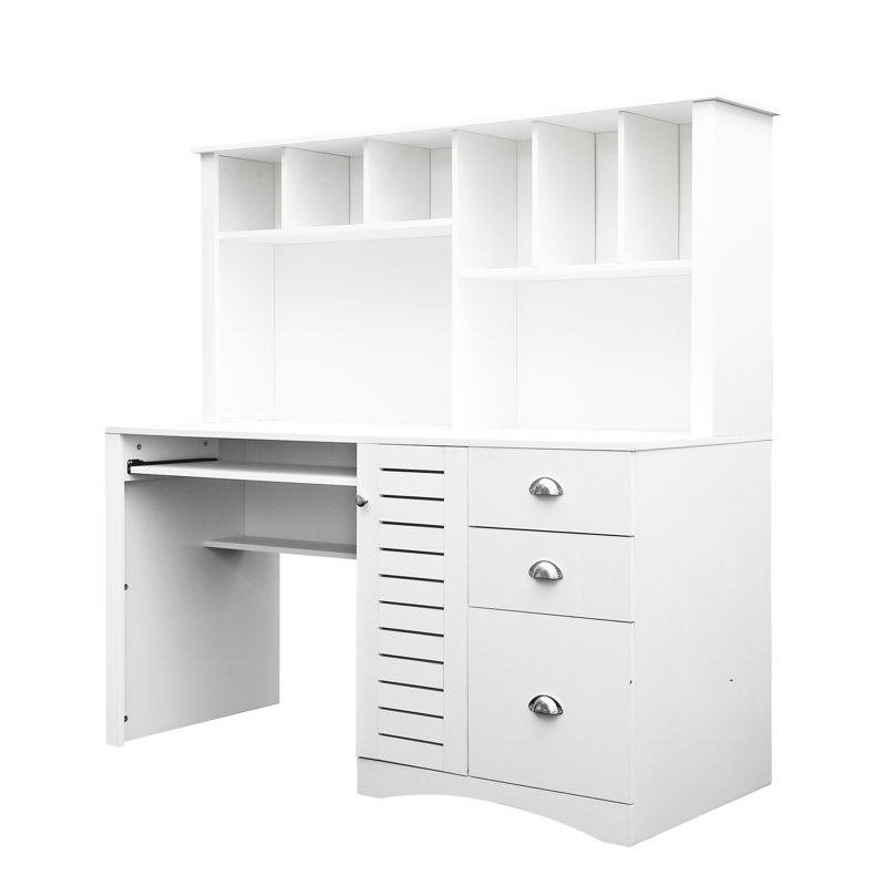 Antiqued White Home Office Desk With , 59.51*24.11*57.52", 2 Open Shelf, 3 Large Drawers, Concealed Cabinet For Protection, Scratch Computer Cabinet, Waterproof And Robust